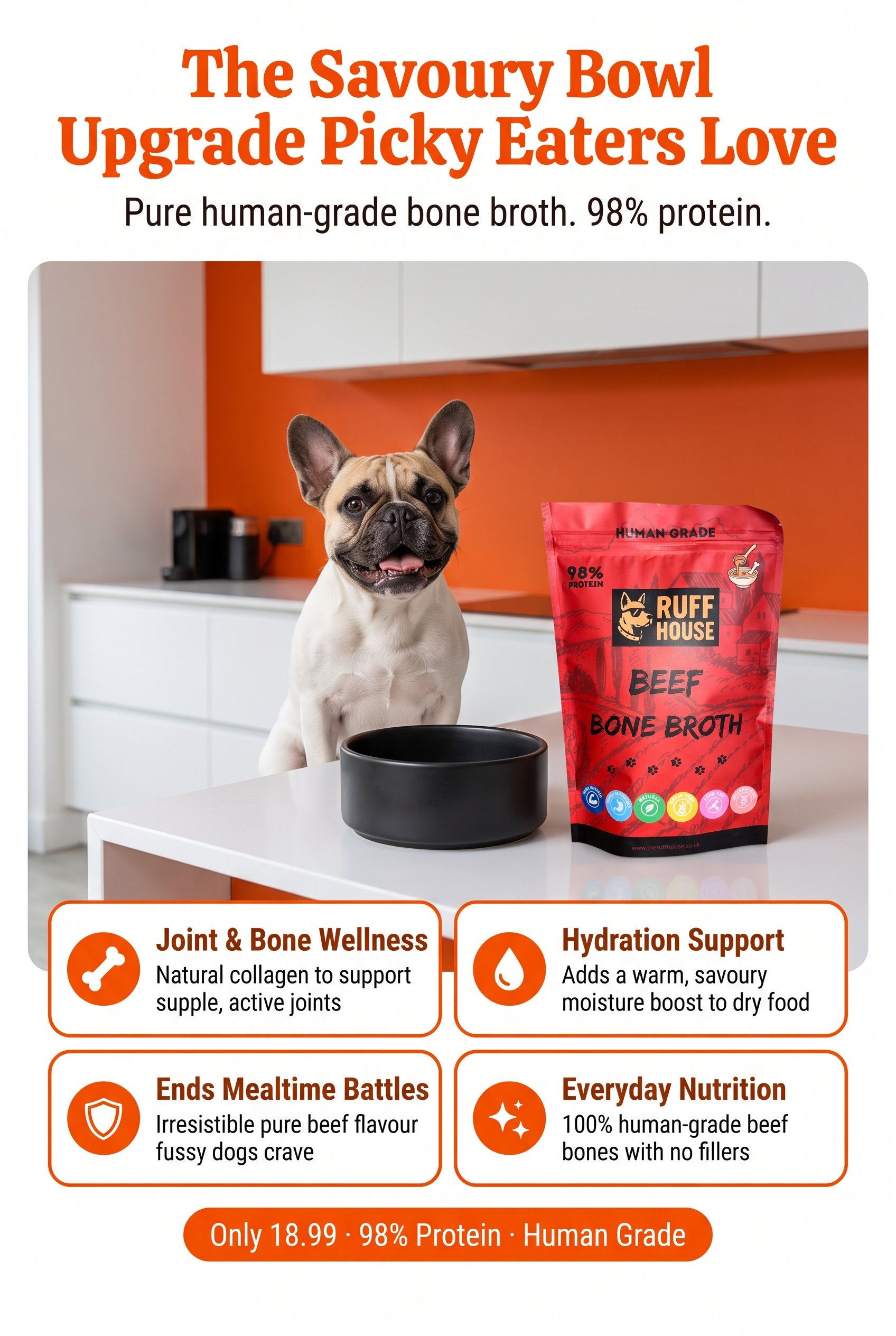 Ruffhouse Beef Bone Broth Food Topper for Dogs – Human‑Grade, 98% Protein, Pure Beef Bone Broth Powder (200g)