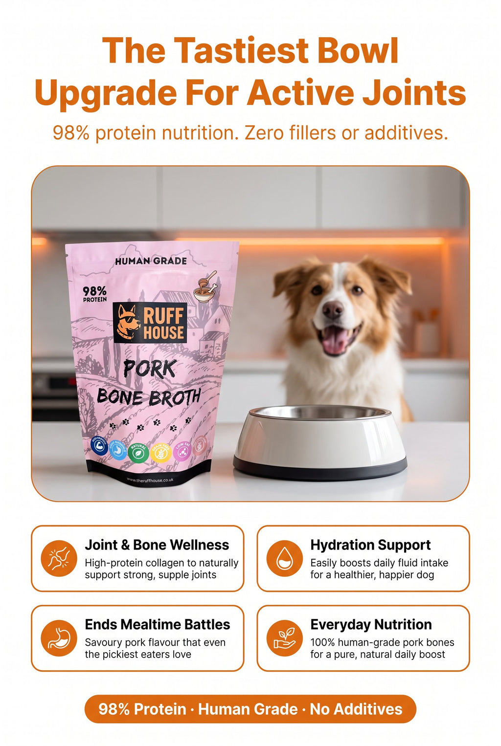 Ruffhouse Pork Bone Broth Food Topper for Dogs – Human‑Grade, 98% Protein, Pure Pork Bone Broth Powder (200g)