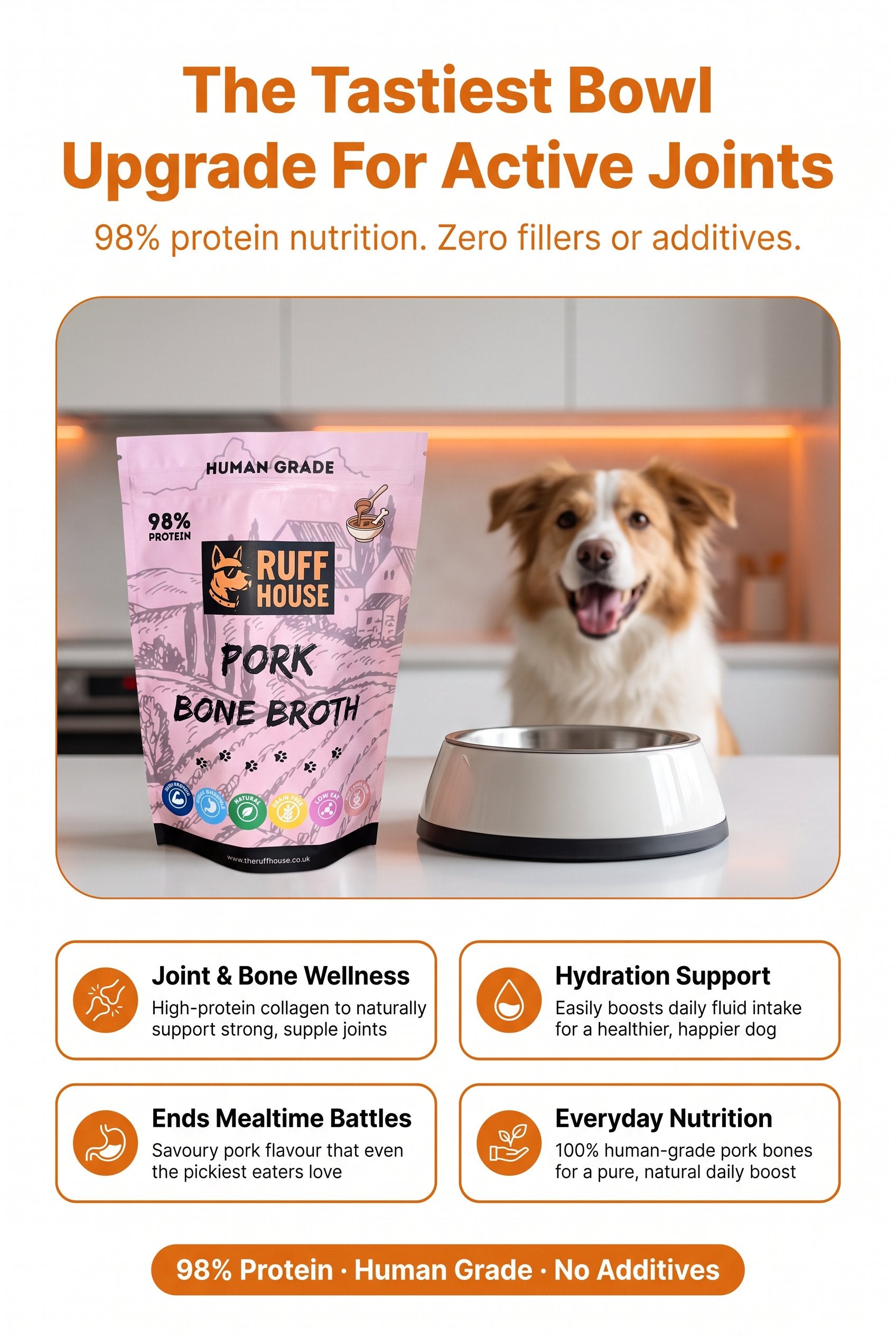 Ruffhouse Pork Bone Broth Food Topper for Dogs – Human‑Grade, 98% Protein, Pure Pork Bone Broth Powder (200g)