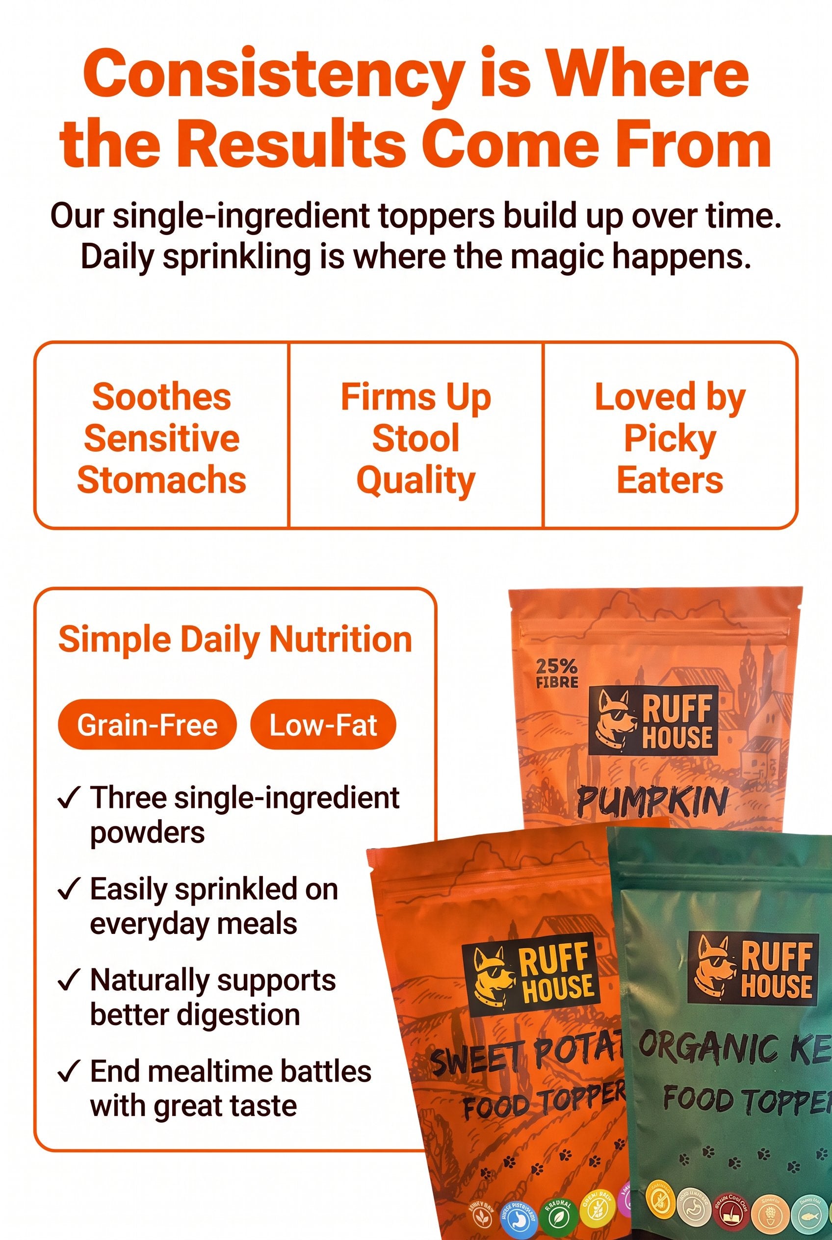 Ruffhouse Digestive Health Trio – Pumpkin, Sweet Potato & Kelp Dog Food Toppers (3 × 200g)