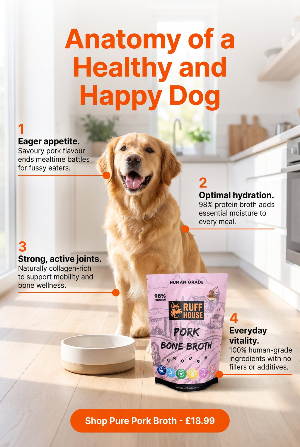 Ruffhouse Pork Bone Broth Food Topper for Dogs – Human‑Grade, 98% Protein, Pure Pork Bone Broth Powder (200g)