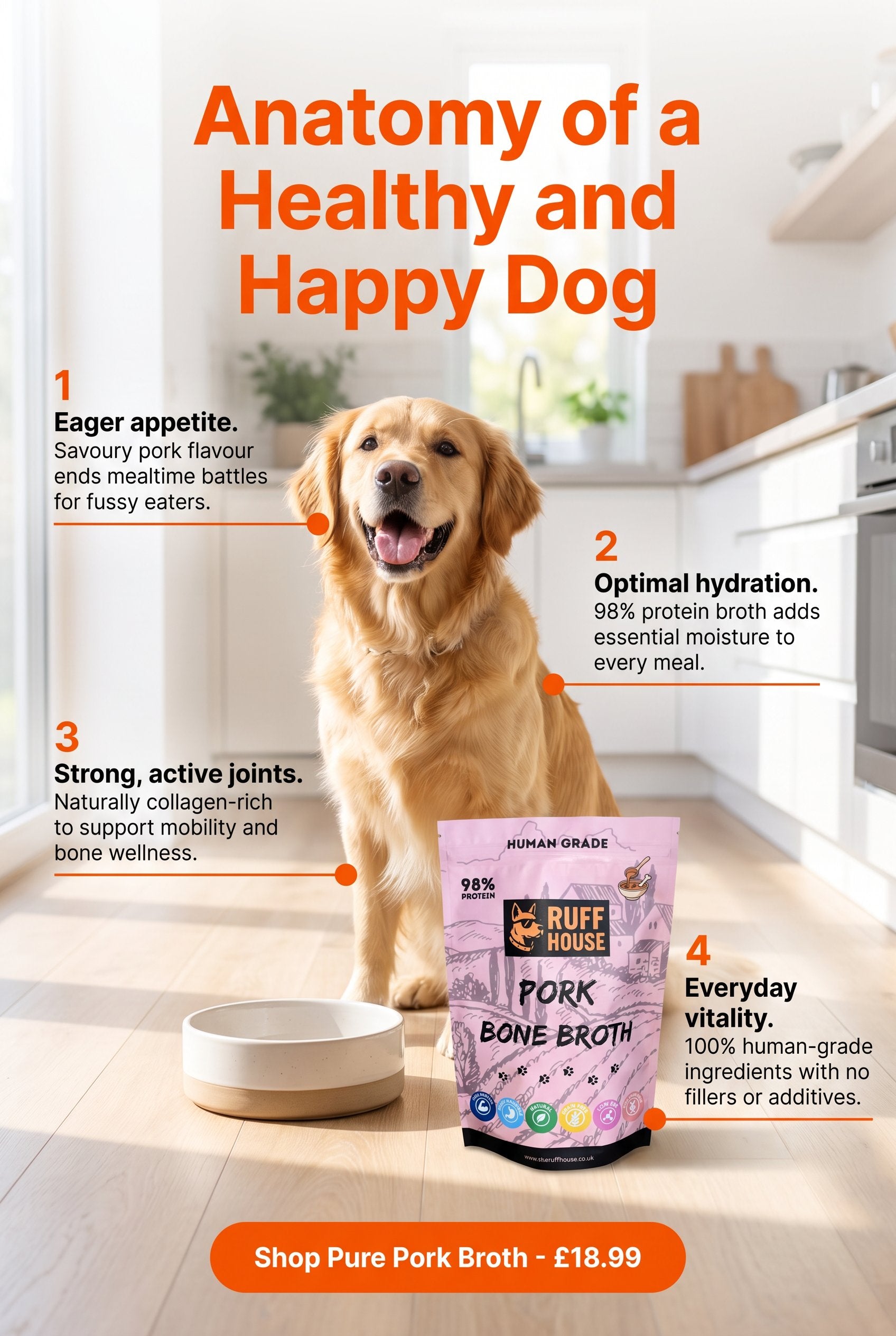 Ruffhouse Pork Bone Broth Food Topper for Dogs – Human‑Grade, 98% Protein, Pure Pork Bone Broth Powder (200g)
