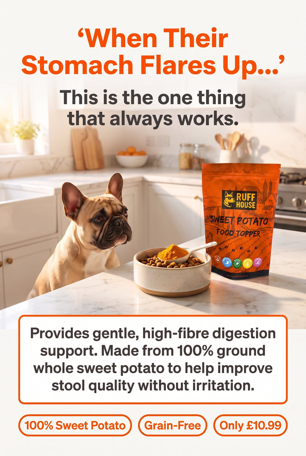 Ruffhouse Sweet Potato Dog Food Topper – Gentle High‑Fibre Digestion Support – 100% Sweet Potato Powder (200g)