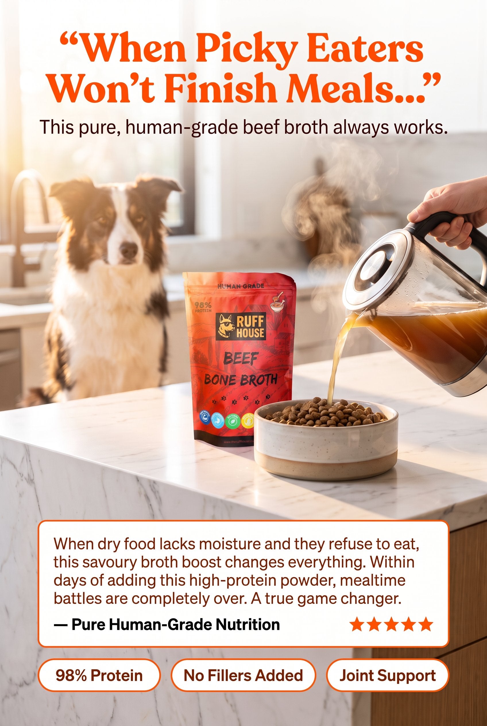Ruffhouse Beef Bone Broth Food Topper for Dogs – Human‑Grade, 98% Protein, Pure Beef Bone Broth Powder (200g)