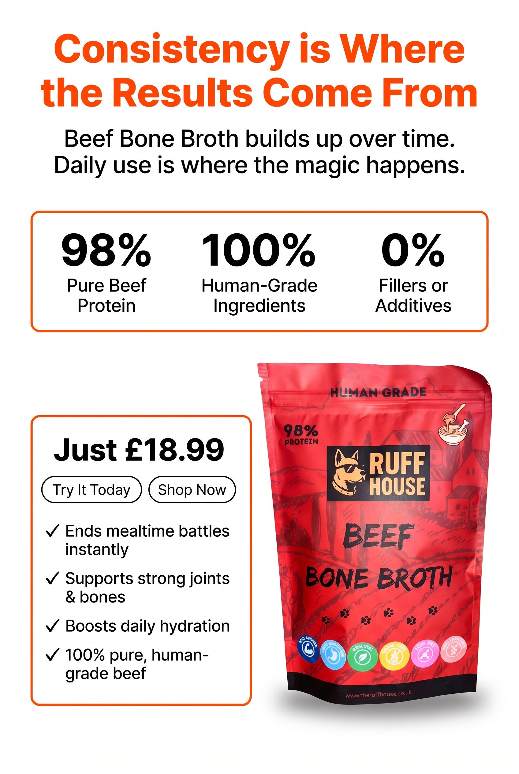 Ruffhouse Beef Bone Broth Food Topper for Dogs – Human‑Grade, 98% Protein, Pure Beef Bone Broth Powder (200g)