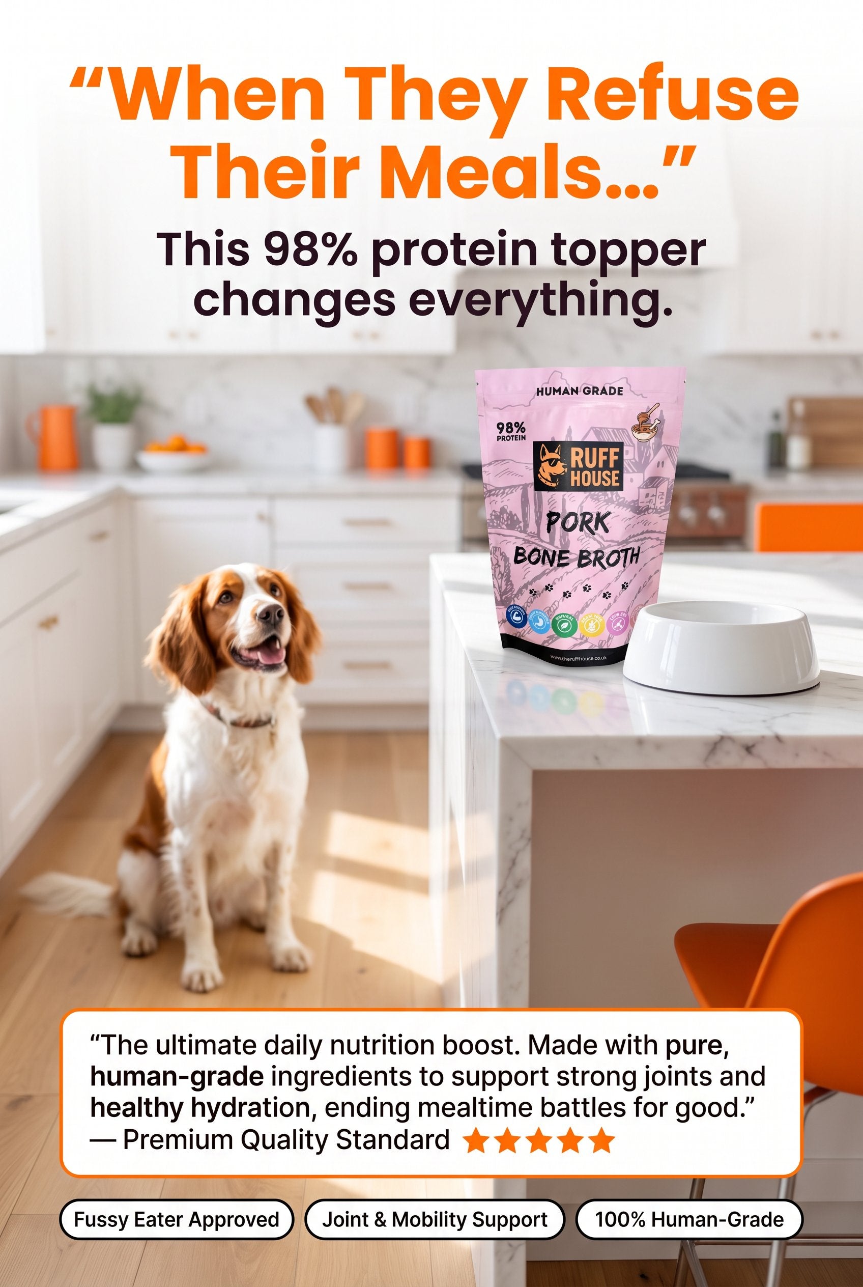 Ruffhouse Pork Bone Broth Food Topper for Dogs – Human‑Grade, 98% Protein, Pure Pork Bone Broth Powder (200g)