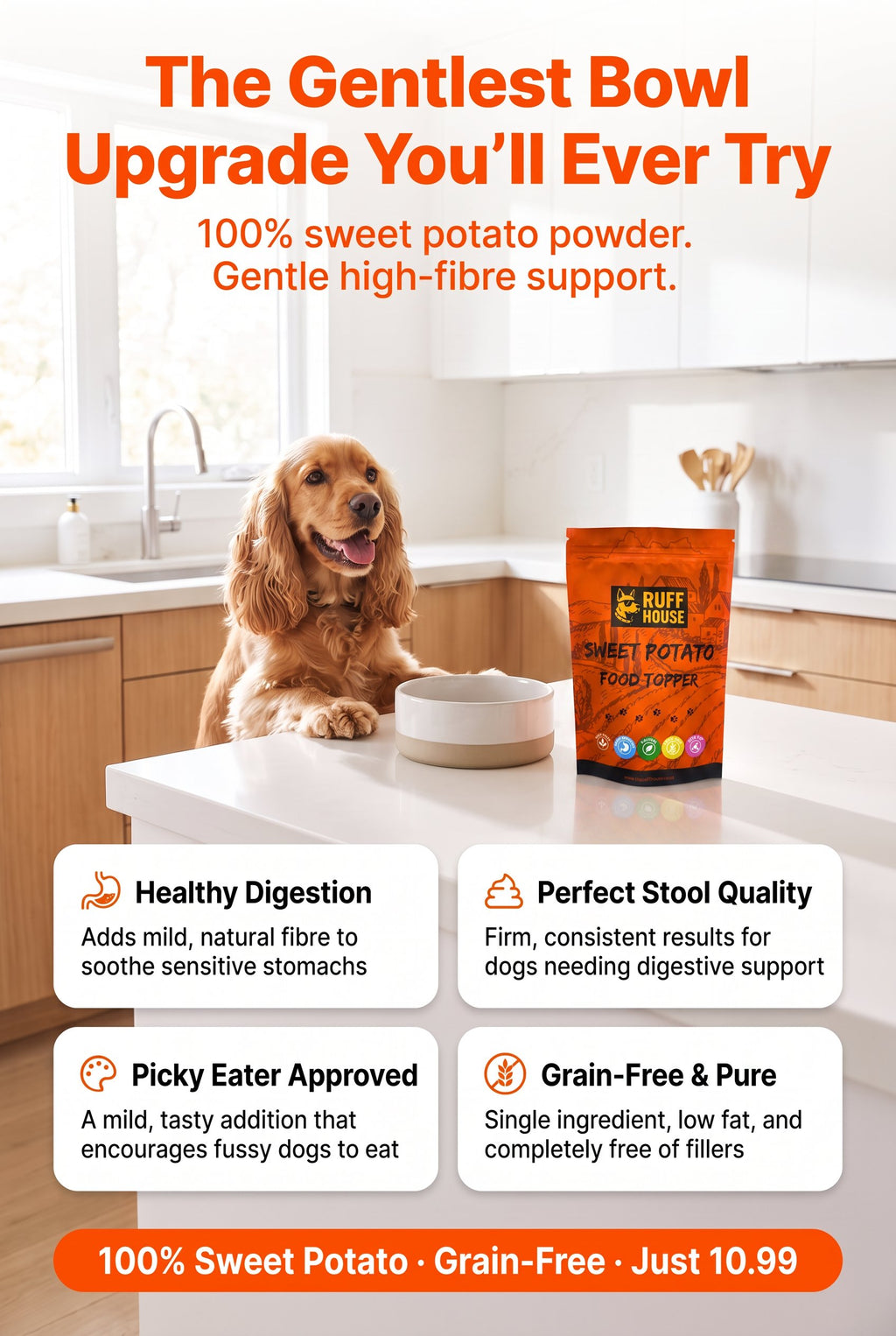 Ruffhouse Sweet Potato Dog Food Topper – Gentle High‑Fibre Digestion Support – 100% Sweet Potato Powder (200g)