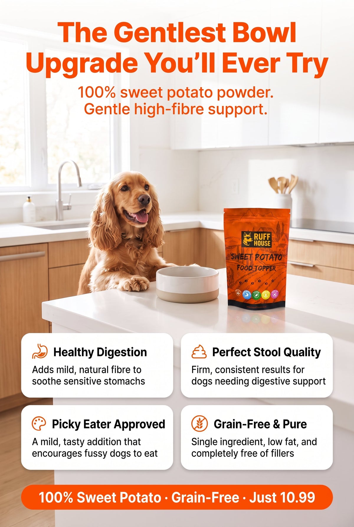 Ruffhouse Sweet Potato Dog Food Topper – Gentle High‑Fibre Digestion Support – 100% Sweet Potato Powder (200g)