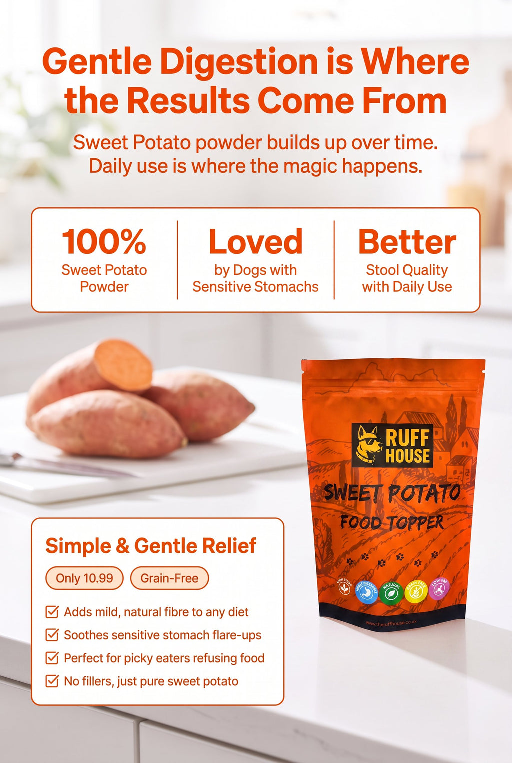 Ruffhouse Sweet Potato Dog Food Topper – Gentle High‑Fibre Digestion Support – 100% Sweet Potato Powder (200g)