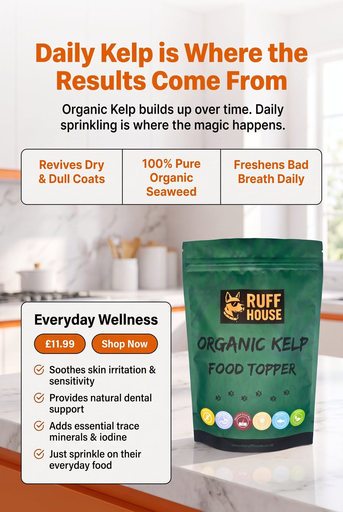 Ruffhouse Organic Kelp Dog Food Topper – Mineral‑Rich Skin, Coat & Dental Support – 100% Pure Seaweed (200g)
