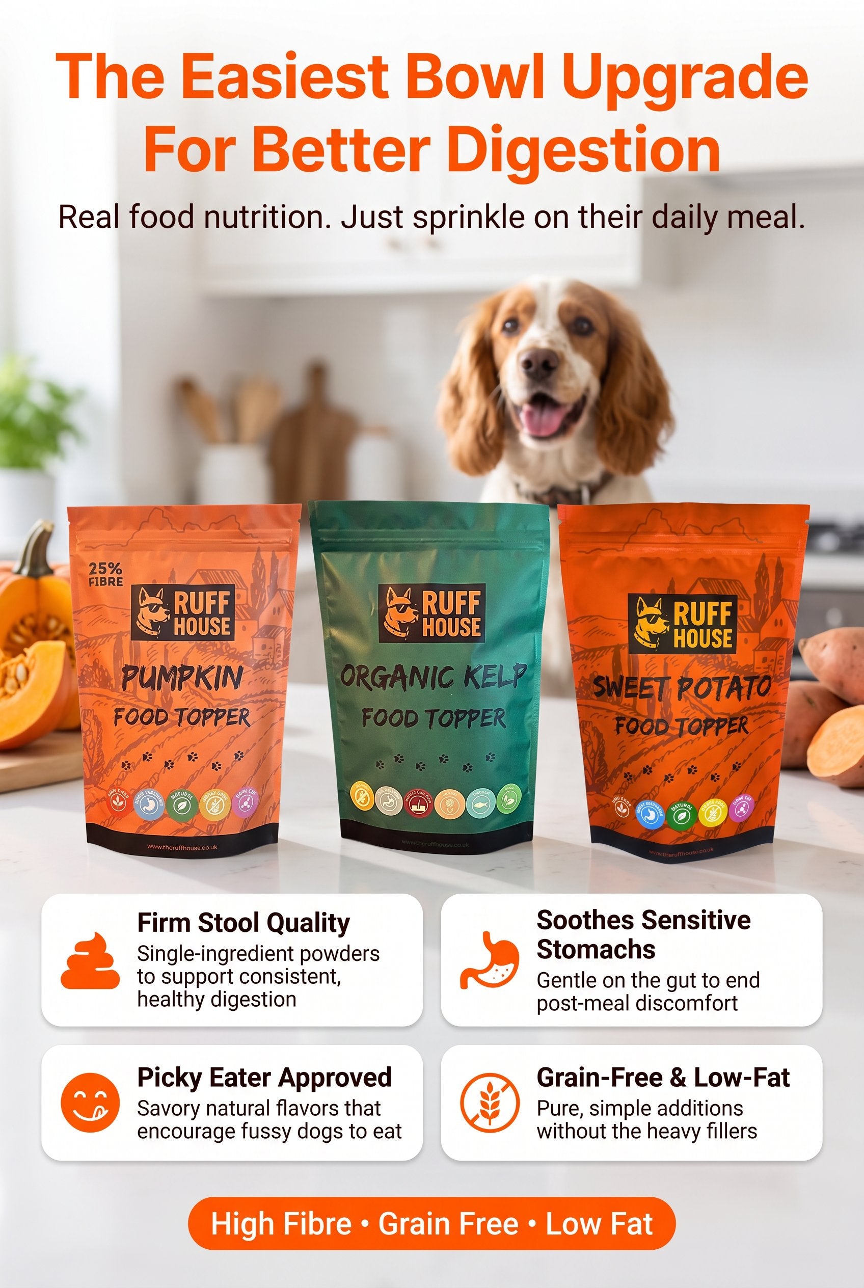 Ruffhouse Digestive Health Trio – Pumpkin, Sweet Potato & Kelp Dog Food Toppers (3 × 200g)