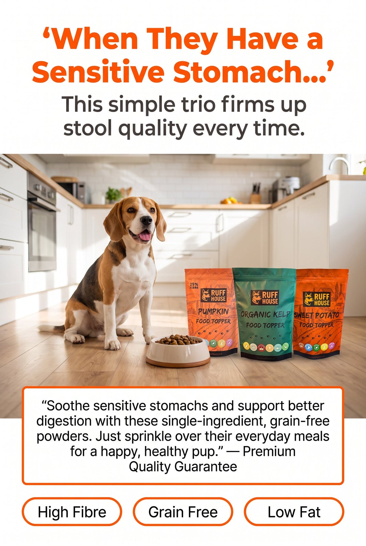 Ruffhouse Digestive Health Trio – Pumpkin, Sweet Potato & Kelp Dog Food Toppers (3 × 200g)