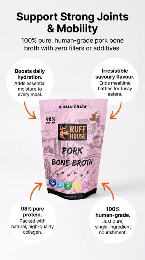 Ruffhouse Pork Bone Broth Food Topper for Dogs – Human‑Grade, 98% Protein, Pure Pork Bone Broth Powder (200g)