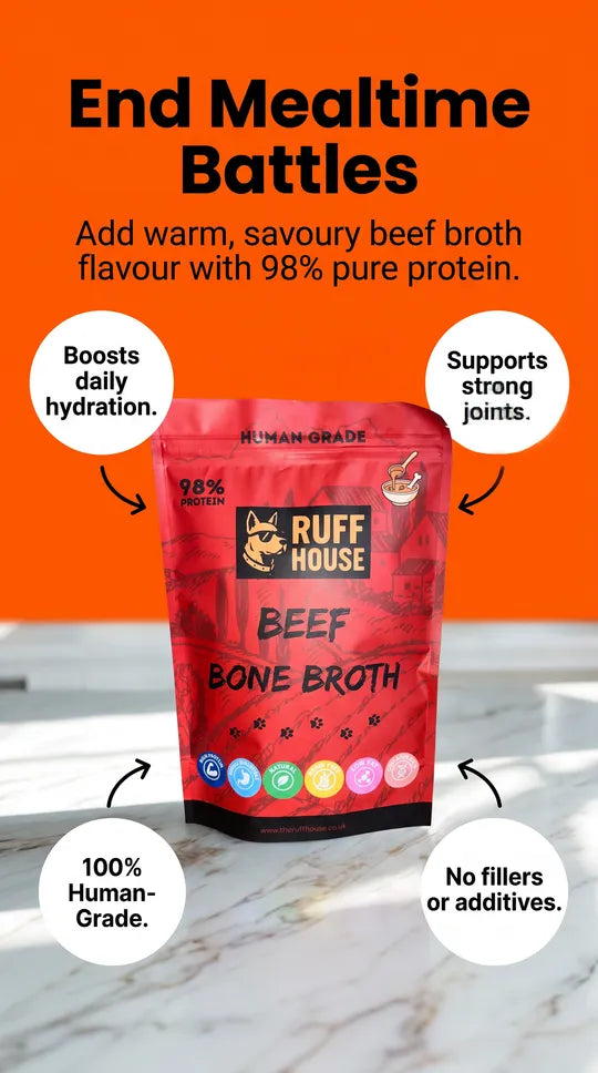 Ruff House Beef Bone Broth dog food topper in a red pouch with benefit labels for hydration, joint support, human‑grade quality, and no fillers, shown on a marble surface