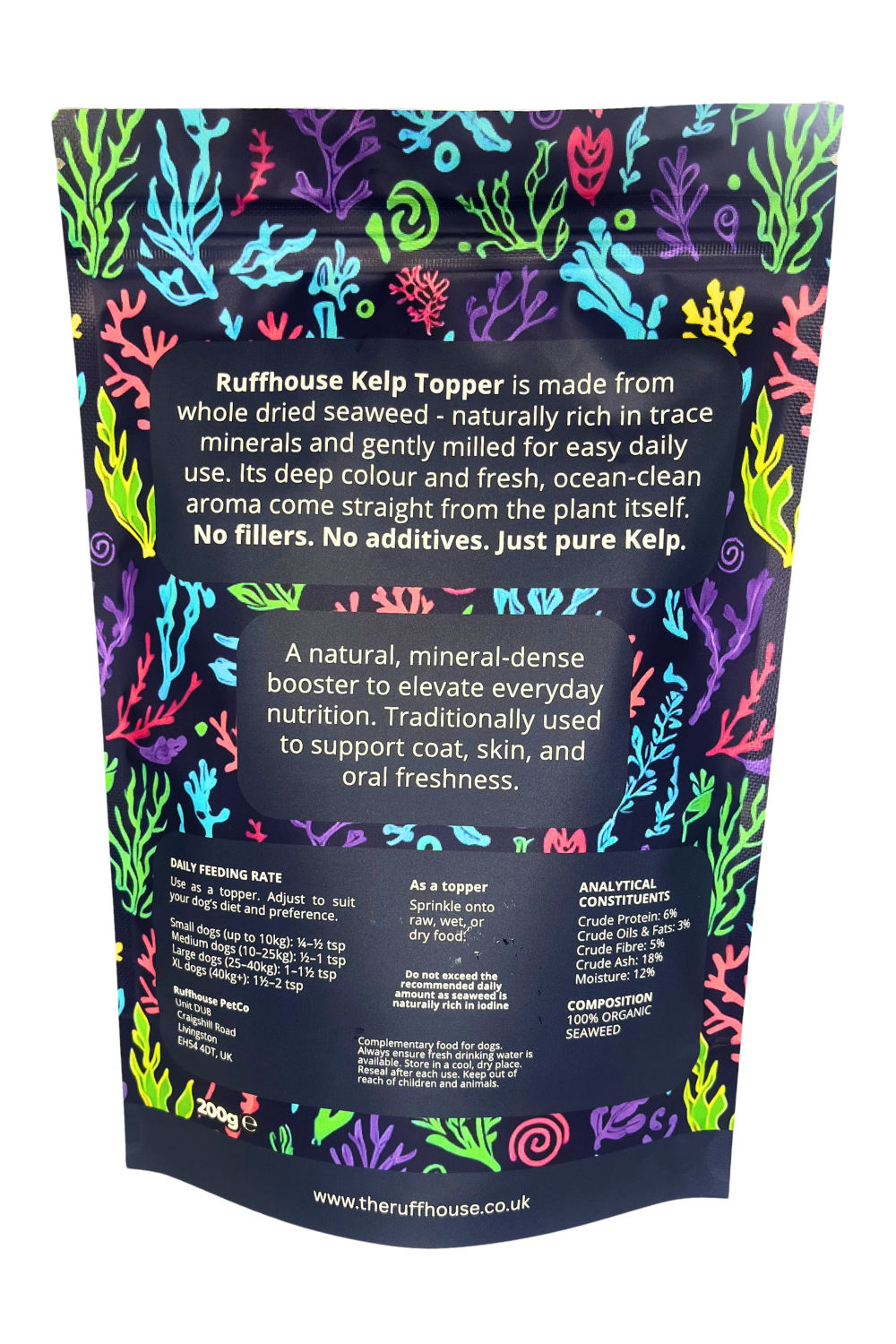 Ruff House Kelp Topper back of pack showing organic seaweed ingredients, daily feeding rates, nutritional analysis, storage guidance and usage instructions for dogs.