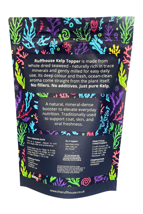 Ruff House Kelp Topper back of pack showing organic seaweed ingredients, daily feeding rates, nutritional analysis, storage guidance and usage instructions for dogs.