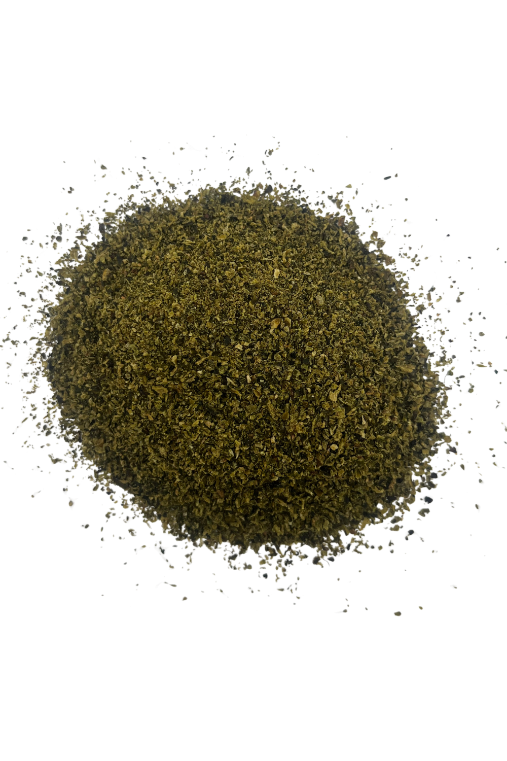 Ruff House Organic Kelp Food Topper powder shown in a close up mound on a dark background highlighting its natural dried seaweed texture.
