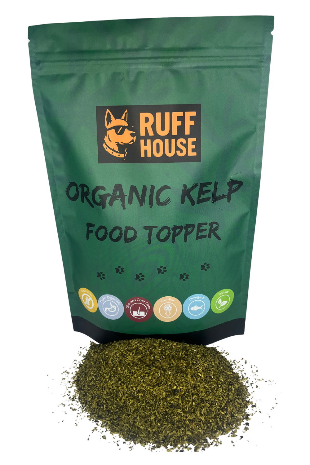 Ruff House Organic Kelp Food Topper shown with the green pouch and a pile of dried kelp flakes highlighting natural digestion, coat care, low fat and omega 3 benefits.