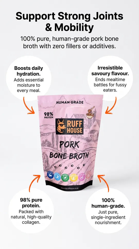 Ruff House Pork Bone Broth dog food topper in a pink pouch with benefit labels for joint support, hydration, savoury flavour, human‑grade quality, and no fillers, shown on a clean background