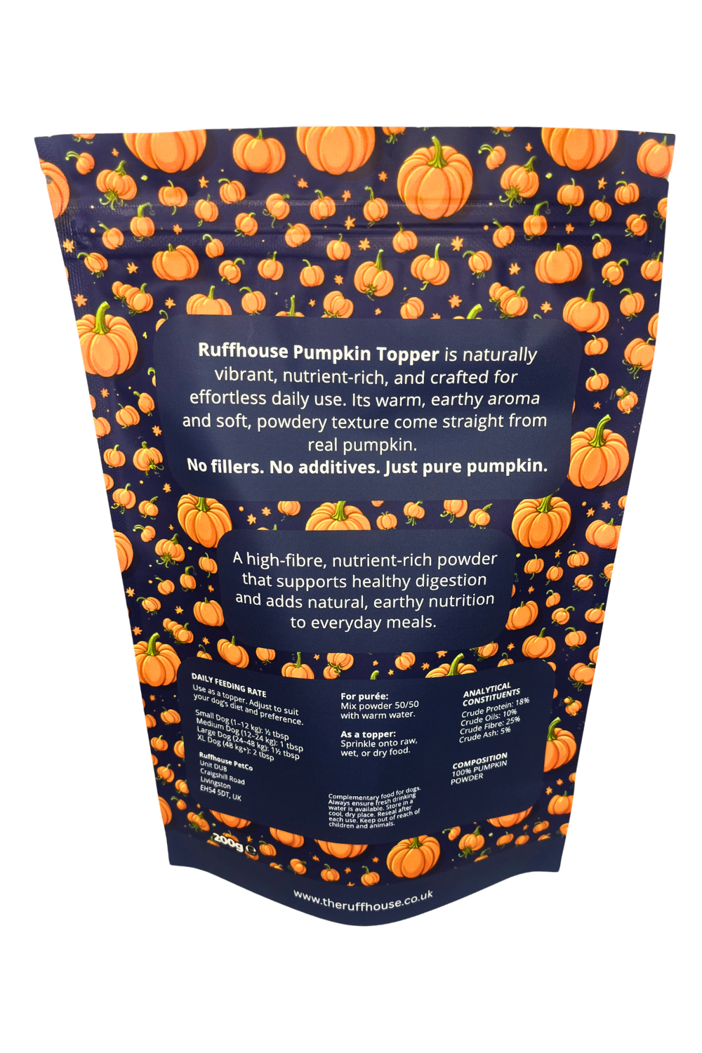 Ruff House Pumpkin Food Topper back of pack showing pure pumpkin powder ingredients, daily feeding rates, nutritional analysis, purée instructions and storage guidance for dogs.