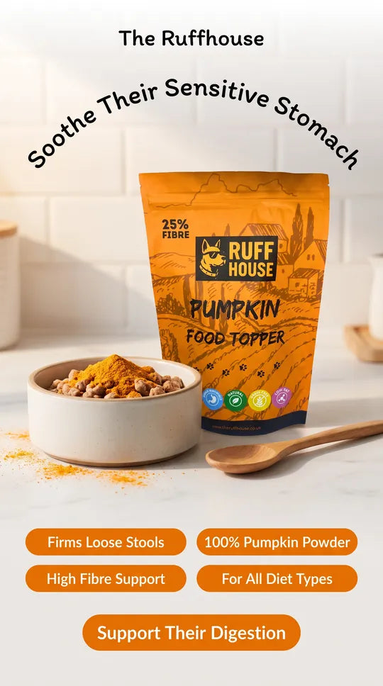 Ruff House Pumpkin Food Topper benefits promo showing the orange pouch beside a bowl of food topped with pumpkin powder, highlighting high fibre support, sensitive stomach soothing and natural digestion benefits.