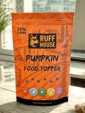 Ruff House Pumpkin Food Topper front of pack showing the orange pouch with high fibre, digestible, natural, grain free and low fat benefits.