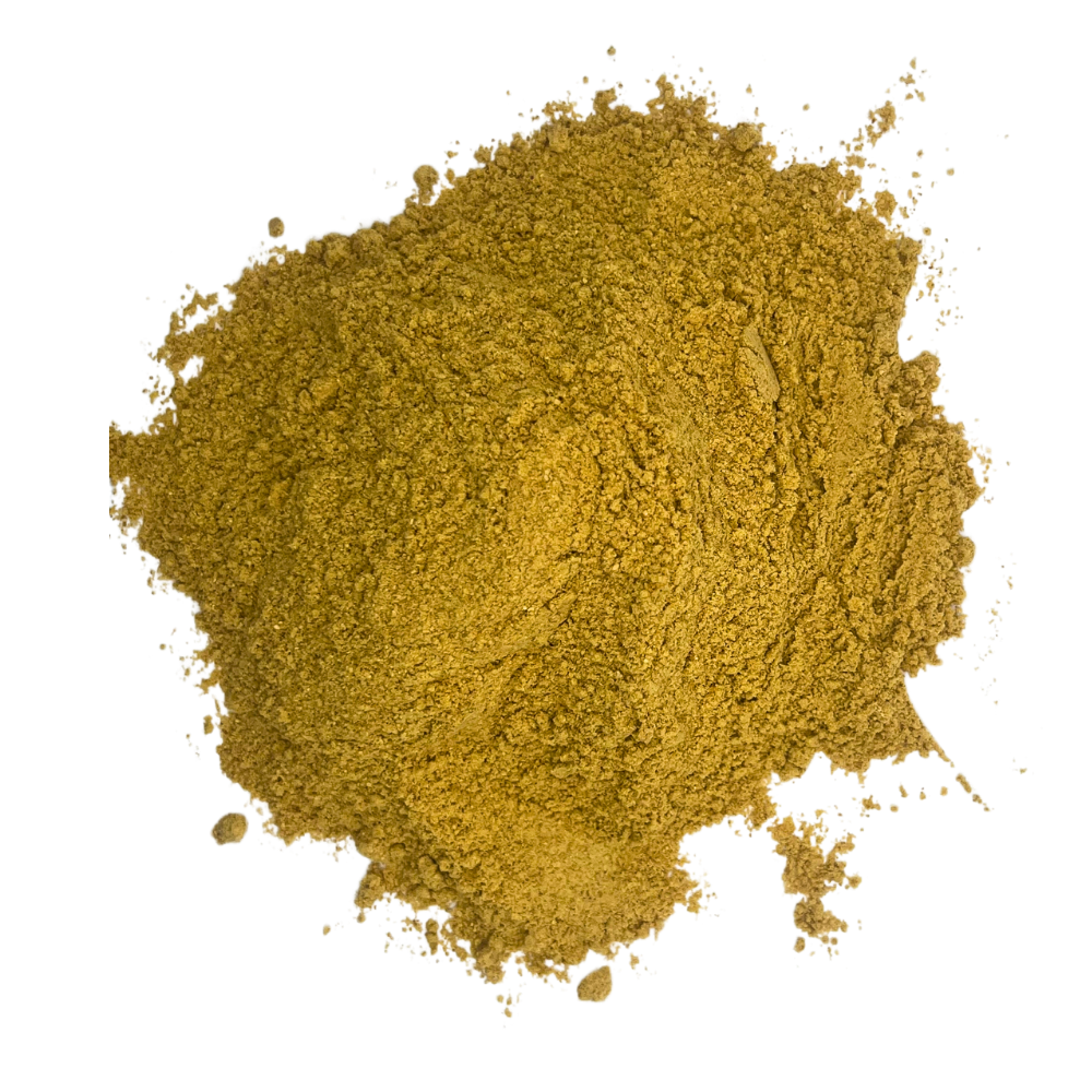 Ruff House Pumpkin Food Topper powder shown in a loose mound on a dark background highlighting its fine natural pumpkin texture and high fibre support.
