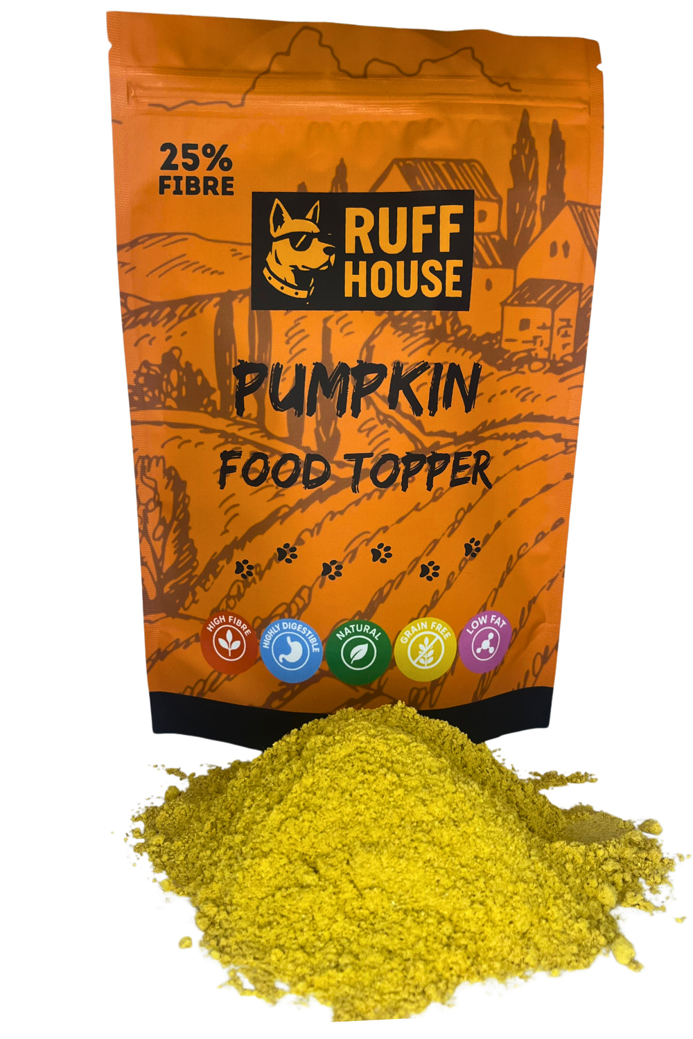 Ruff House Pumpkin Food Topper shown with the orange pouch and a mound of pumpkin powder highlighting its high fibre, natural digestion support and grain free benefits.