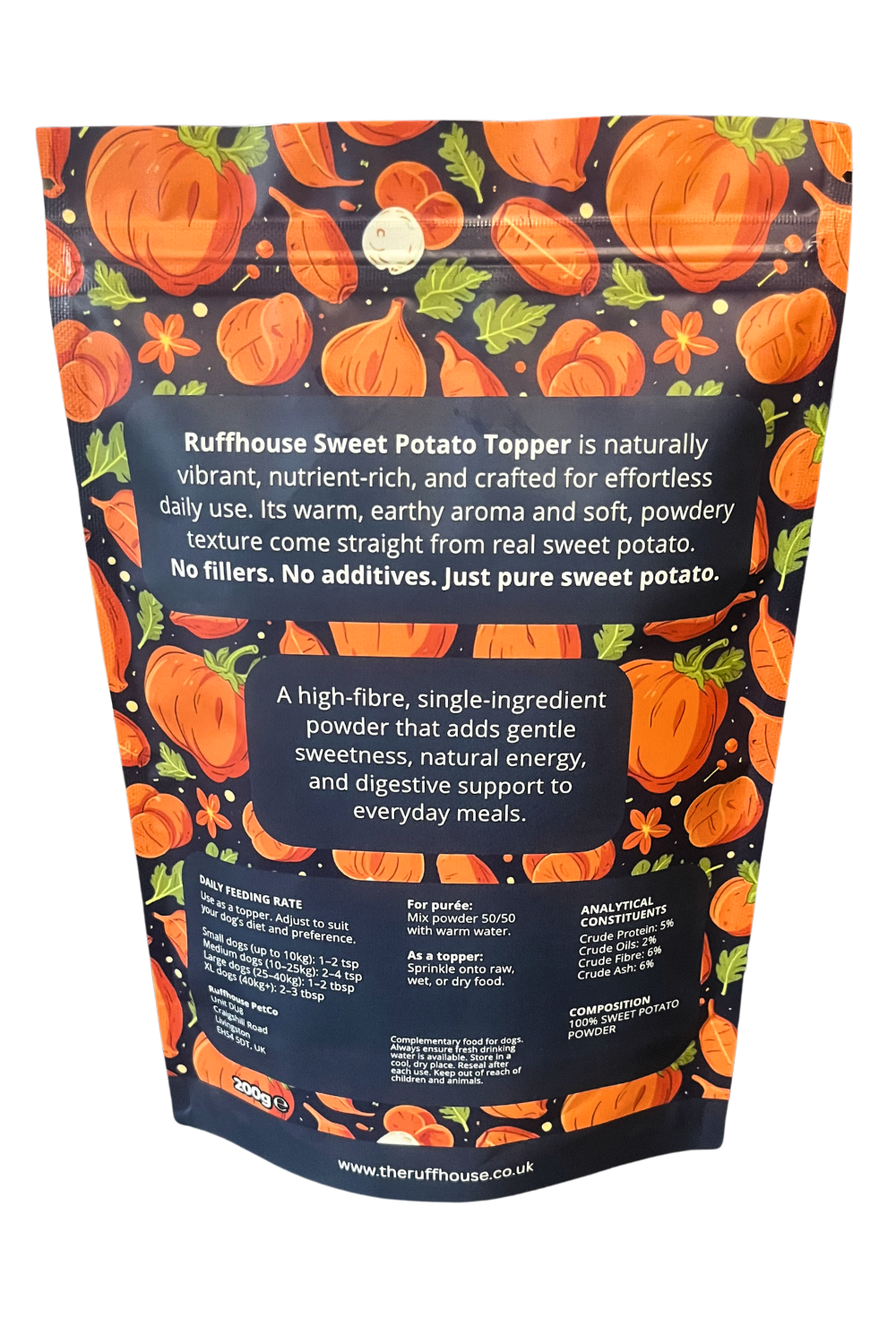Ruff House Sweet Potato Food Topper back of pack showing pure sweet potato powder ingredients, daily feeding rates, nutritional analysis, purée instructions and storage guidance for dogs.