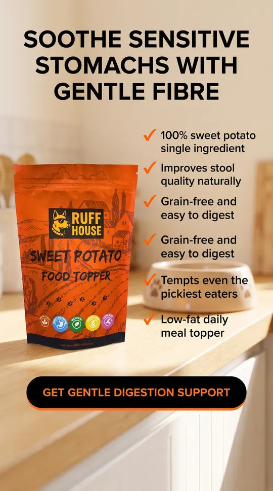 Ruff House Sweet Potato Food Topper benefits promo showing the orange pouch with text highlighting gentle fibre for sensitive stomachs, improved stool quality, grain free digestion and low fat daily meal support.