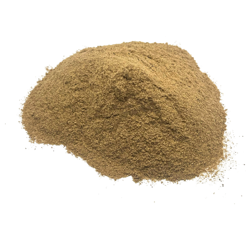 Ruff House Sweet Potato Food Topper powder shown in a close up mound on a dark background highlighting its fine natural sweet potato texture.