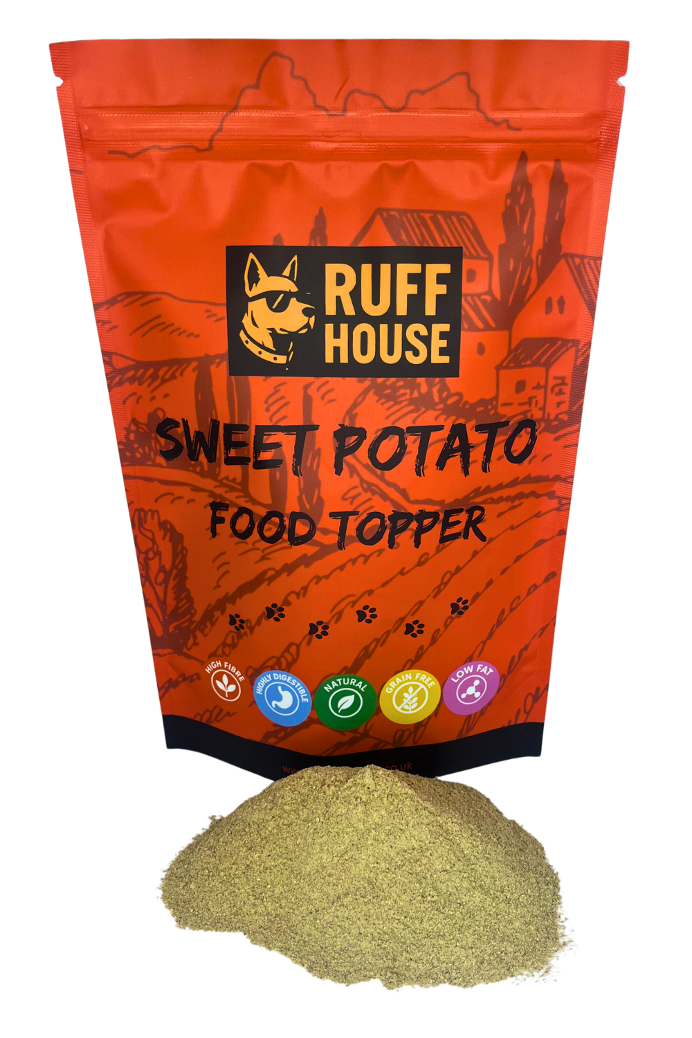 Ruff House Sweet Potato Food Topper shown with the red orange pouch and a pile of sweet potato powder highlighting natural fibre, digestibility and low fat benefits.